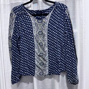 Lucky Brand Boho Peasant Top Navy Blue Patterned Cotton Viscose Linen Large